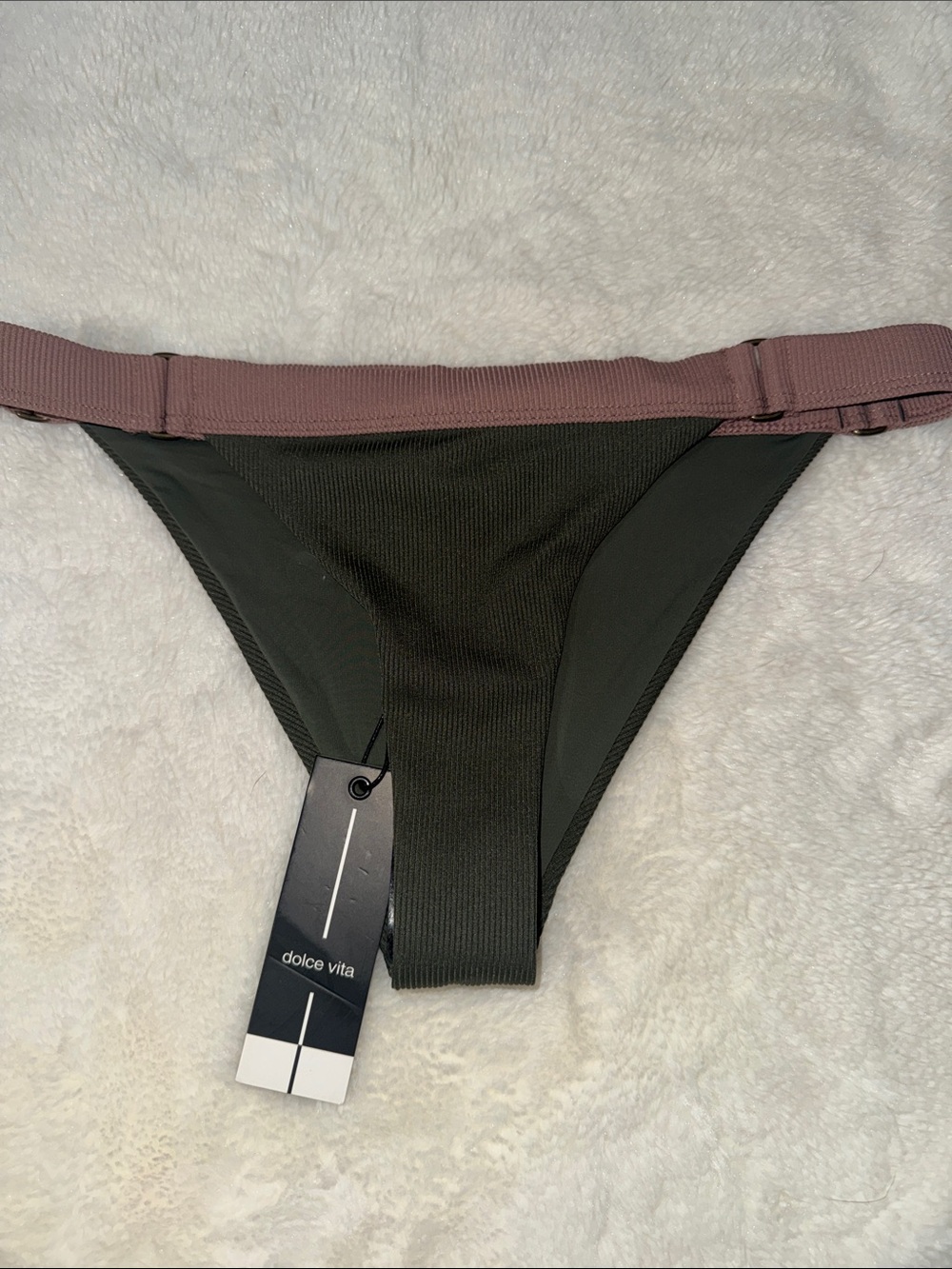 Dolce Vita Olive Green Ribbed Bikini Bottom with Mauve Waistband